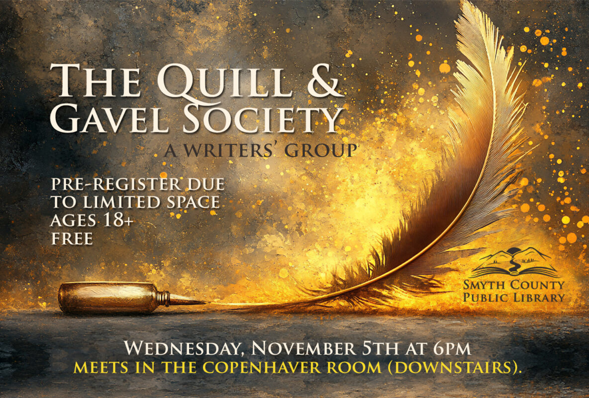 Join us for the Quill & Gavel Society, an informal writers' group on Wednesday, November 5th at the Marion Public Library.