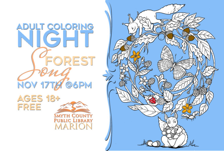 Craving calm & connection? Color your way to stress reduction at the library on Monday, November 17th from 6 to 8pm! Join us for 2 hours of relaxing creativity and joyful connection. We’ll color the Forest Song Coloring Book by R.J. Hampson.