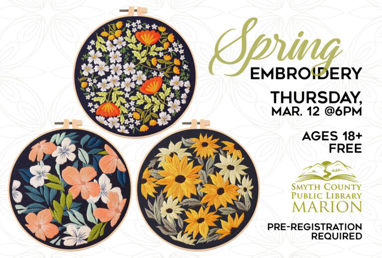Join us March 12th for Spring Embroidery at the Marion Public Library!