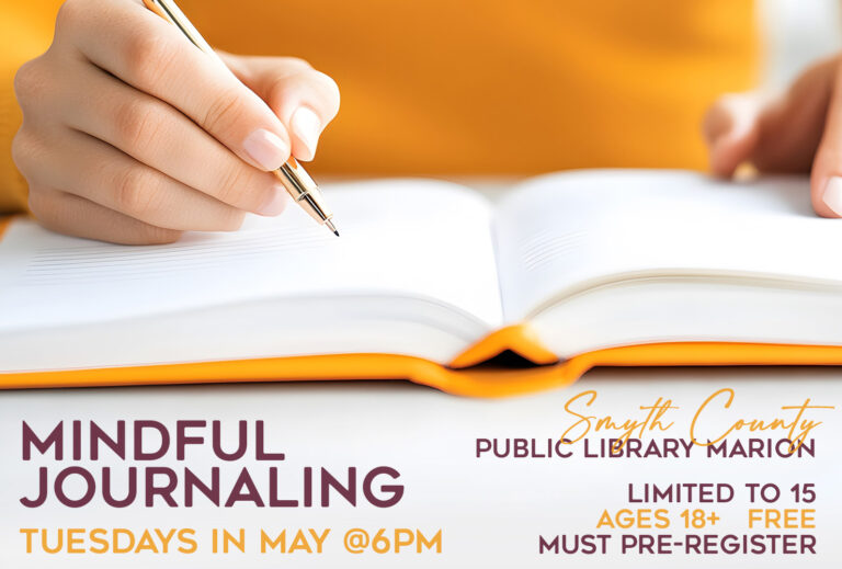 Dig deep, get creative the Marion Public Library for Mindful journaling series Tuesdays in May. Ages 18+. FREE. Must pre-register.